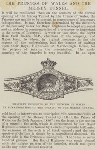 Walesin prinsessalle Mersey-tunnelin avaamisen muistoksi annettu rannekoru (kaiverrus) tekijältä English School
