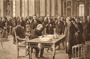 Britannian pääministeri allekirjoittaa rauhansopimuksen Saksan kanssa Peilisalissa Versailles