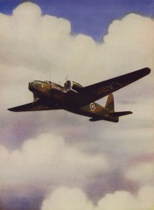 Brittiläinen Vickers Wellington keskikokoinen pommikone lennossa (väri litho) tekijältä English School