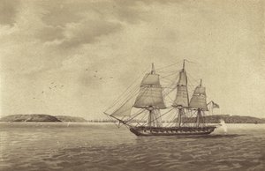 Brittiläinen fregatti HMS Fisgard, kapteeni Thmas Byam Martinin komennossa, tiedustelussa Brestin edustalla Ranskassa (litra). tekijältä English School