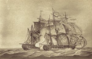 Brittiläinen fregatti HMS Santa Margarita, kapteeni Thomas Byam Martinin komentaja, vangitsemassa ranskalaisen fregatin Tamisen kesäkuussa 1796 (litho) tekijältä English School