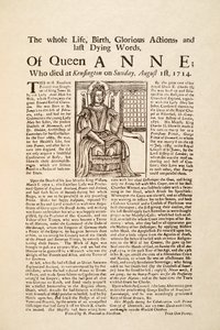 Broadside julkaistiin kuningatar Annen kuolemasta sunnuntaina 1. elokuuta 1714 (painettu ja puupiirros) tekijältä English School