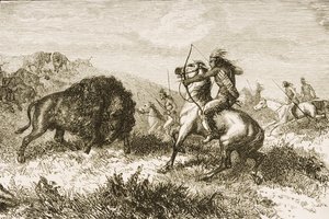 Buffalo Hunting Great Plainsilla St. Louisin ja Denverin välillä, n. 1870, The Religious Tract Societyn julkaisemasta American Picturesista, 1876 tekijältä English School