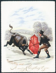 Bull Charging into Red Umbrella, joulukortti