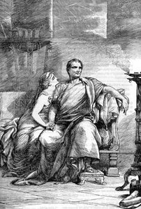 Calpurnia (Calpurnia Pisonis) ja Caesar - Jules Cesar - Julius Caesarin tragedia - Kuvitus teoksessa "" Completes de William Shakespeare"" 1866 - Tämän painoksen kuvitukset ja yleinen muoto on lainattu Cassellin kuvittamasta Shakespearesta, pubista tekijältä English School