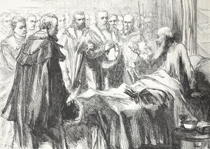 Calvin puhuu neuvostolle viimeistä kertaa, esimerkki James Aitken Wylien (1808-1890) teoksesta The History of Protestantism, pub. 1878 tekijältä English School