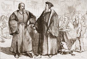 Calvin ja Servetus ennen Geneven kirkolliskokousta, esimerkki James Aitken Wylien (1808-1890) teoksesta The History of Protestantism, pub. 1878 tekijältä English School