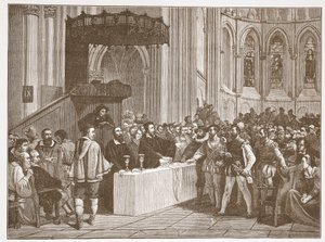Calvin kieltäytyy herran ehtoollisesta Libertiineille St. Petersin katedraalissa Genevessä, esimerkki James Aitken Wylien (1808-1890) teoksesta The History of Protestantism, pub. 1878 tekijältä English School
