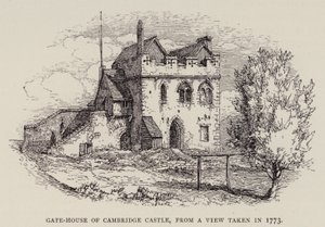 Cambridge: Cambridgen linnan porttitalo, vuonna 1773 otettu kuva (etsaus) tekijältä English School