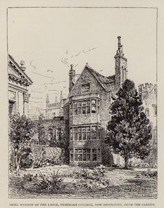 Cambridge: Oriel Window of the Lodge, Pembroke College, nyt tuhoutunut, puutarhasta (etsaus) tekijältä English School