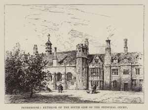 Cambridge: Peterhouse, Päätuomioistuimen eteläpuolen ulkopuoli (etsaus) tekijältä English School