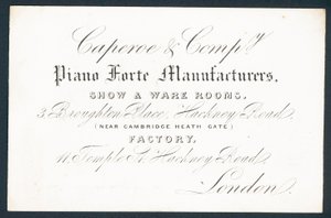 Caperoe & Company, piano forten valmistajat, kauppakortti tekijältä English School