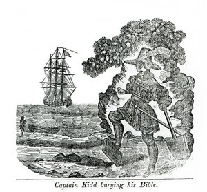 Kapteeni Kidd hautaa raamattuaan, kuvitus Charles Elmsin kirjasta "Pirates own Book". tekijältä English School