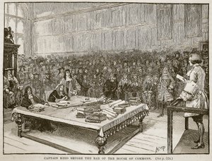 Kapteeni Kidd alahuoneen baarin edessä, kuvitus Cassells Illustrated History of Englandista (seepiakuva) tekijältä English School