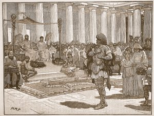 Caractacus ennen Claudiusta, kuvitus Cassells Illustrated History of Englandista (seepiakuva) tekijältä English School