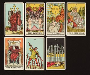 Kortit Tarot-sarjasta, n. 1809 (käsinvärinen lito) tekijältä English School