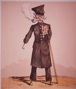 Karikatyyri Chelsean eläkeläisestä Royal Hospitalista, majuri Seccomben "Army and Navy Drolleries" -teoksesta (värillinen kaiverrus) tekijältä English School