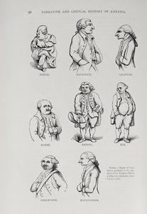 Karikatyyrit julkaisusta "The Narrative and Critical History of America", toimittanut Justin Winsor, Lontoo, 1886 tekijältä English School