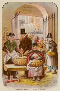 Carnarvon Market, Scene in Wales (väri litho) tekijältä English School