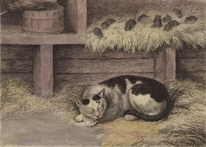 Kissa ja hiiret navetassa (sävytetty kaiverrus)