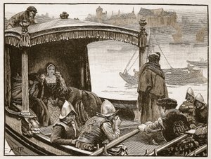 Catherine Howard kuljetetaan Toweriin, kuvitus Cassells Illustrated History of Englandista (seepiakuva) tekijältä English School