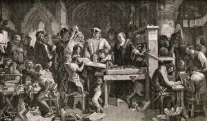 Caxton (n. 1422-1491) näyttää näytteitä painoksestaan kuningas Edward IV:lle Almonryssä Westminsterissä, 1858 tekijältä English School