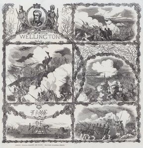 Wellingtonin herttuan voittoja Seringapatamin piirityksessä (1799), Dhondia Waghin kukistamisessa (1800), Assayen taistelussa (1803) ja Waterloon taistelussa (1815) (kaiverrus). tekijältä English School