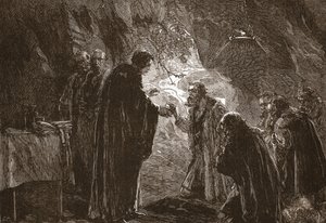 Calvin ja hänen protestanttitoverinsa viettävät Herran ehtoollista Poictiersin luolassa, esimerkki James Aitken Wylien (1808-1890) teoksesta The History of Protestantism, pub. 1878 tekijältä English School