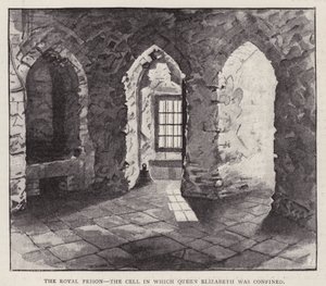 Lontoon Towerin selli, jossa tuleva kuningatar Elisabet I oli vangittuna vuonna 1554 puolisiskonsa Mary I:n (litho) hallituskaudella tekijältä English School