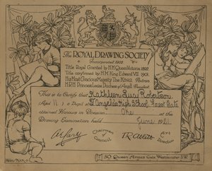 Royal Drawing Societyn myöntämä todistus tekijältä English School