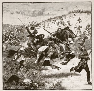 Charge of the Scots at Homildon Hill, kuvitus Cassells Illustrated History of Englandista (seepiakuva) tekijältä English School