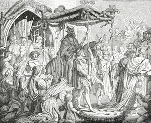 Kaarle IV, Pyhän Rooman keisari, vierailemassa paavi Urbanus V:n luona Avignonissa vuonna 1365, 1882 tekijältä English School