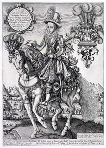 Charles I Walesin prinssinä hevosen selässä, "Kuninkaiden kirjasta", kaiverrus Renold Elstrack (1571-n. 1630) 1618 (kaiverrus) tekijältä English School
