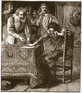 Charles allekirjoittaa hyväksyntäsopimuksen Straffords Attainderille, kuvitus Cassells Illustrated History of Englandista (seepiakuva) tekijältä English School