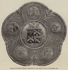 Chased Silver-Gilt Shield annettiin oikealle arvoisalle E P Bouverielle, kansanedustajalle (kaiverrus) tekijältä English School
