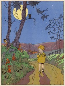 Lapsi kävelee yöllä ja näkee jäniksiä, tonttuja ja muita olentoja (värilitografia). tekijältä English School