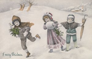 Lapset lumessa, viktoriaaninen postikortti (printti) tekijältä English School