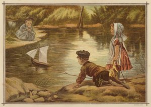 Lapset laskevat vesille mallijahtia (värilitho) tekijältä English School
