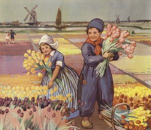 Lapset poimimassa tulppaaneja Hollannissa (värilitro) tekijältä English School