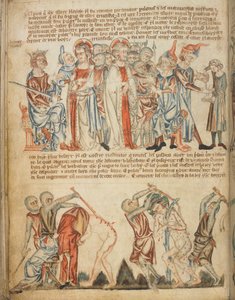 Kristus Herodeksen ja Pilatuksen edessä; Herodes pesee kätensä; Kristuksen lyöminen, Add. 47682, f.30v, c.1320-30 (vellum) tekijältä English School