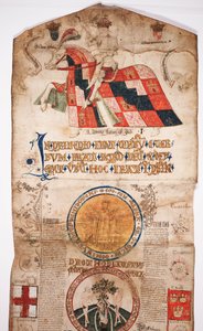 Kronikka maailman historiasta luomisesta Wodeniin, jossa on Edward IV:n sukututkimus (Edward IV Roll), aloitusosio Edward IV:n muotokuvalla hevosen selässä, kierroksella Jumalan kanssa ja anot tekijältä English School