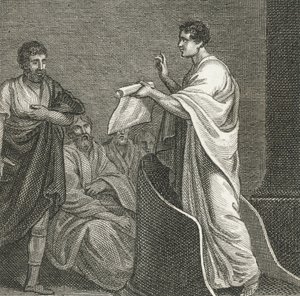 Cicero syyttää Catiliniusta senaatin istuntosalissa (kaiverrus). tekijältä English School