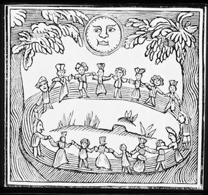 Täysikuun alla tanssivien noitien ympyrä, kuvitus esoteerika-aiheisten chapbook-kokoelmasta tekijältä English School