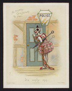 Klovni koputtaa poliisiaseman oveen (chromolitho) tekijältä English School