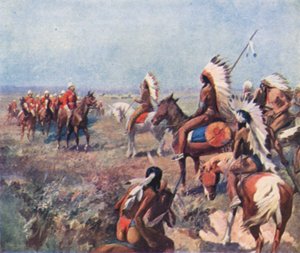 Eversti Macleod, Luoteis-Lännen kuninkaallisen ratsupoliisin eversti Macleod, intiaanien kanssa Fort Macleodissa (värilitografia). tekijältä English School
