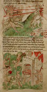Värilliset piirustukset, jotka kuvaavat Nacumeran saaren koiranpäisiä ihmisiä ("Cynocephalus"), teoksesta "Travels of Sir John Mandeville" (pergamentti) tekijältä English School
