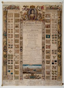 Muistokartta, jossa on ranskalaisilta Blenheimin taistelun jälkeen vangitut standardit, n. 1704 (väriviivakaiverrus) tekijältä English School