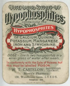 Yhdistelmäsiirappia Hypophosphites etiketti, 1900-luvun alku (väri litho) tekijältä English School