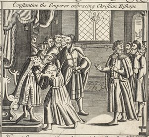 Constantin the Emperor syleilee kristittyjä piispoja, John Foxen kuvitus teoksista Apostolien teot ja monumentit, yhdeksäs painos, pubi. 1684 tekijältä English School