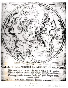 Eteläisen pallonpuoliskon tähdistöjä Sir Edmund Halleyn (1656-1742) "Komeettojen synopsisista" 1705 tekijältä English School